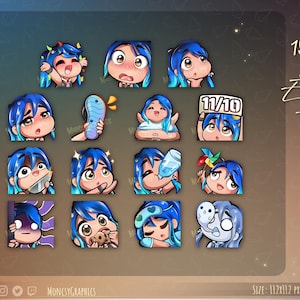 15x émoticônes Twitch / Cheveux bleus/yeux bruns Chibi Girl émoticônes pour streamers / pour Twitch et Discord