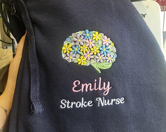 Embroidered Personalised Hoodie, Nurse hoodie, Student Nurse, Neuro Stroke Nurse, Epilepsy Nurse, Healthcare, Floral Brain, Mental Health