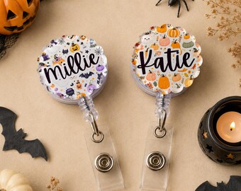 Personalised Halloween ID Badge Reel,  Badge Reel Nurse & Healthcare Worker ID Holder, Autumn Pumpkin Ghost Student Nurse Name, Midwife Gift