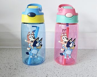 Personalised Kids water bottle - plastic water bottle - straw school bottle for kids - Bluey bottle - personalised Kids bluey bottle