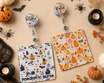Personalised Halloween ID Badge Reel,  Badge Buddy, Nurse & Healthcare Worker ID Holder, Autumn Pumpkin Ghost, Student Nurse Name, Midwife