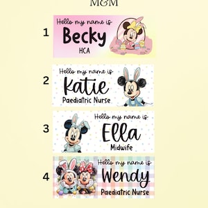 May include: Four rectangular name badges featuring the text Hello my name is followed by the names Becky, Katie, Ella, and Wendy, along with job titles HCA, Paediatric Nurse, and Midwife. Each badge displays colourful illustrations of Minnie Mouse.