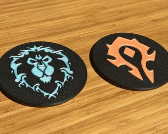 Glow-in-the-Dark Horde Alliance Coasters, 3D Printed Gaming Drinkware, Cork Backing