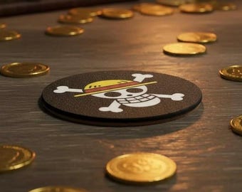 Straw Hat Pirate Jolly Roger Coaster, 3D Printed Anime Drink Mat with Cork Backing