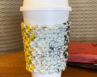 Handmade knit yellow white grey black turquoise tea coffee mug cup cozie winter