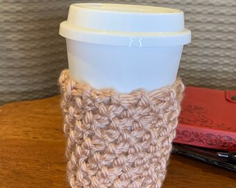 Handmade knit coffee tea cozie mug cup pink blush