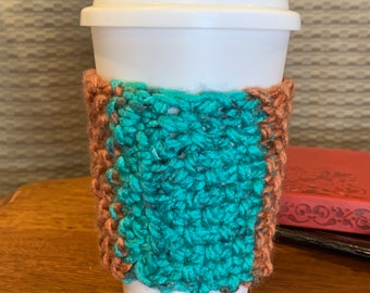 Brown black white turquoise handmade knit coffee tea cozie mug cup winter