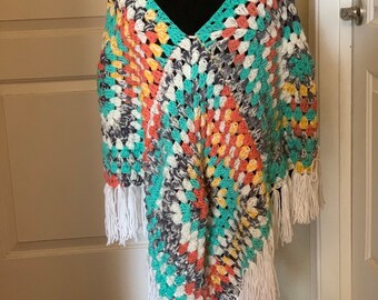 Boho colorful crochet poncho with tassels