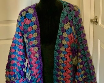 Chunky crochet sweater cardigan purple grey pink blue green ready to ship