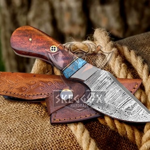 Damast-Skinnermesser mit Lederscheide, Jagdmesser für Camping und Outdoor-Aktivitäten, Perfekt als Weihnachtsgeschenk, Trauzeuge Geschenk