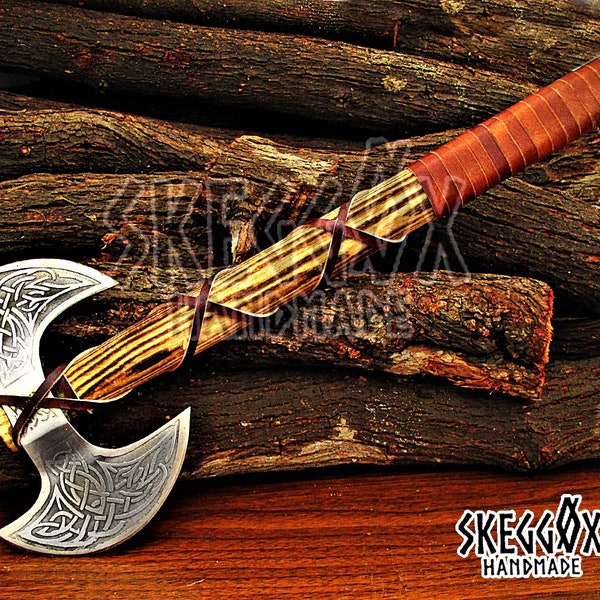 SKX-29 Forged 20" Inches Viking  Double Sided Axe with Custom Deep Etch Work, Custom Ash Wood Handle, Leather Wrapping and  Leather Sheath