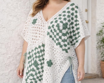 Top de ganchillo con cuadrados de la abuela para mujer talla 3XL, poncho bohemio de verano, túnica calada, verde y blanco, extragrande