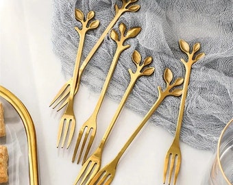 6pcs Gold Coloured Luxury Forks, Deluxe Stainless Steel, Leaf Design, Cake Dessert Forks, Toothpick, Party, Mini forks, Kitchen, Tableware