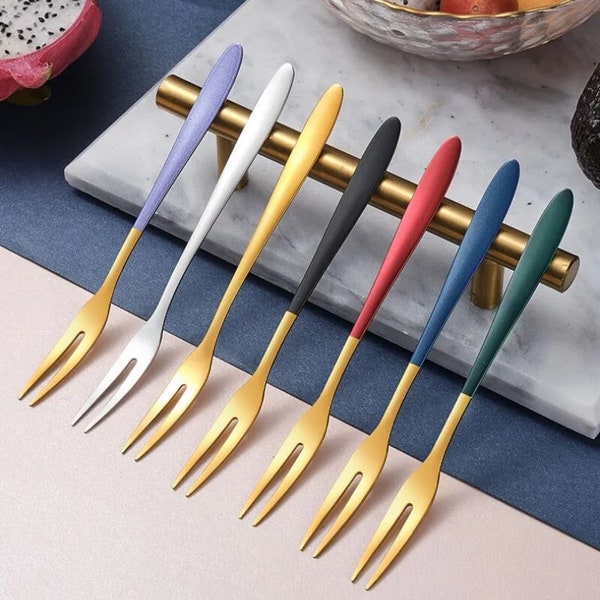 7pcs Luxury Fruit Fork Deluxe Stainless Steel, Gold, Cake Dessert Forks, Food Toothpick, Party Forks, Various Colours, Kitchen, Tableware