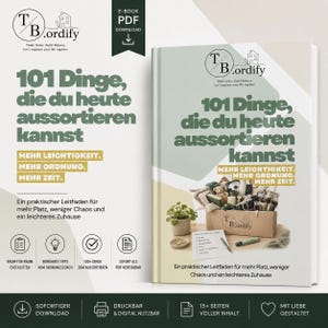 Könnte beinhalten: Ein E-Book mit dem Titel 101 Dinge, die du heute aussortieren kannst, das einen Karton voller Haushaltsgegenstände, eine kleine Topfpflanze, eine Checkliste und einen Stift zeigt. Das Cover enthält das T.B.ordify-Logo und deutschen Text.