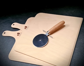 Pizzamesser + 2 Stück Pizzaschieber aus Birken Holz - Pizzaschneider Edelstahl Buche - Ø 30 cm – 100% Made in Germany – Brotschieber