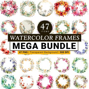 47 Aquarellrahmen Clipart | Rahmenpaket | Aquarell Blumen Bündel Clipart | PNG, druckbereit | PNG | 300dpi | Digitale Kunst | KI-Kunst
