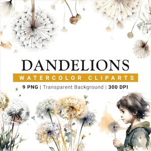 Watercolor Dandelion flowers clipart, 9 Transparent PNG, Ready to print, Watercolor Flowers, Instant Download, AI Art