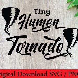 May include: Black and white graphic design with two stylized tornadoes and the text "Tiny Human Tornado".