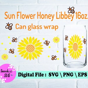 Libbey Glass SVG Honey Sun Flower, Sunflower Honey Beer Can Glass Svg, Glass Can Wrap Svg 16 oz, Floral Bee Libbey 16oz Glass Can Svg Design