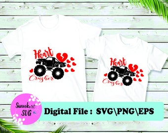 Heart Crusher SVG For Kids Valentine Shirt, Boy Valentine SVG, Valentines Day Svg, Monster Truck Svg, Kids T-Shirt Svg, Kid's Valentine Svg.