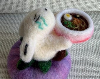 Needle Felted Rabbit and Ramen Bowl Miniature Sculpture - Whimsical Scene