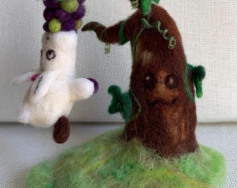 Needle Felted Rabbit and Grape Vine Miniature Sculpture - Whimsical Garden Scene