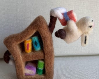 Needle Felted Rabbit and Bookshelf Miniature Sculpture - Whimsical Scene