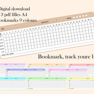 Könnte beinhalten: Ein Satz von 12 druckbaren Lesezeichen in 9 verschiedenen Farben. Jedes Lesezeichen hat ein Raster zum Verfolgen des Leseprozesses mit Spalten für Datum, Seiten, Start/Ende, Bewertung und Notizen. Der Text "Bookmark, track youre book" ist unten gedruckt.