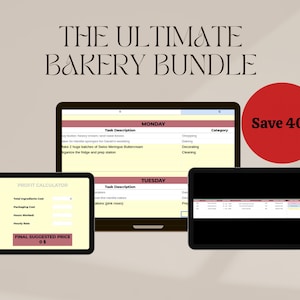 以下が含まれることがあります： 「THE ULTIMATE BAKERY BUNDLE」のテキストが入った、ベーカリーバンドルのデジタルグラフィック。3つのタブレットには、利益計算機やタスクリストなど、スプレッドシートが表示されています。「Save 40%」と書かれた赤い円も表示されています。