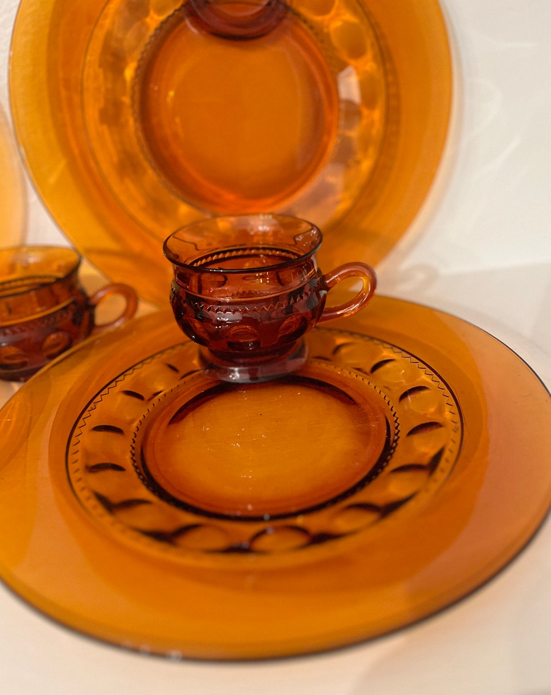 Amber Thumbprint Indiana Glass Luncheon Plates & Cups Set of 6 Etsy