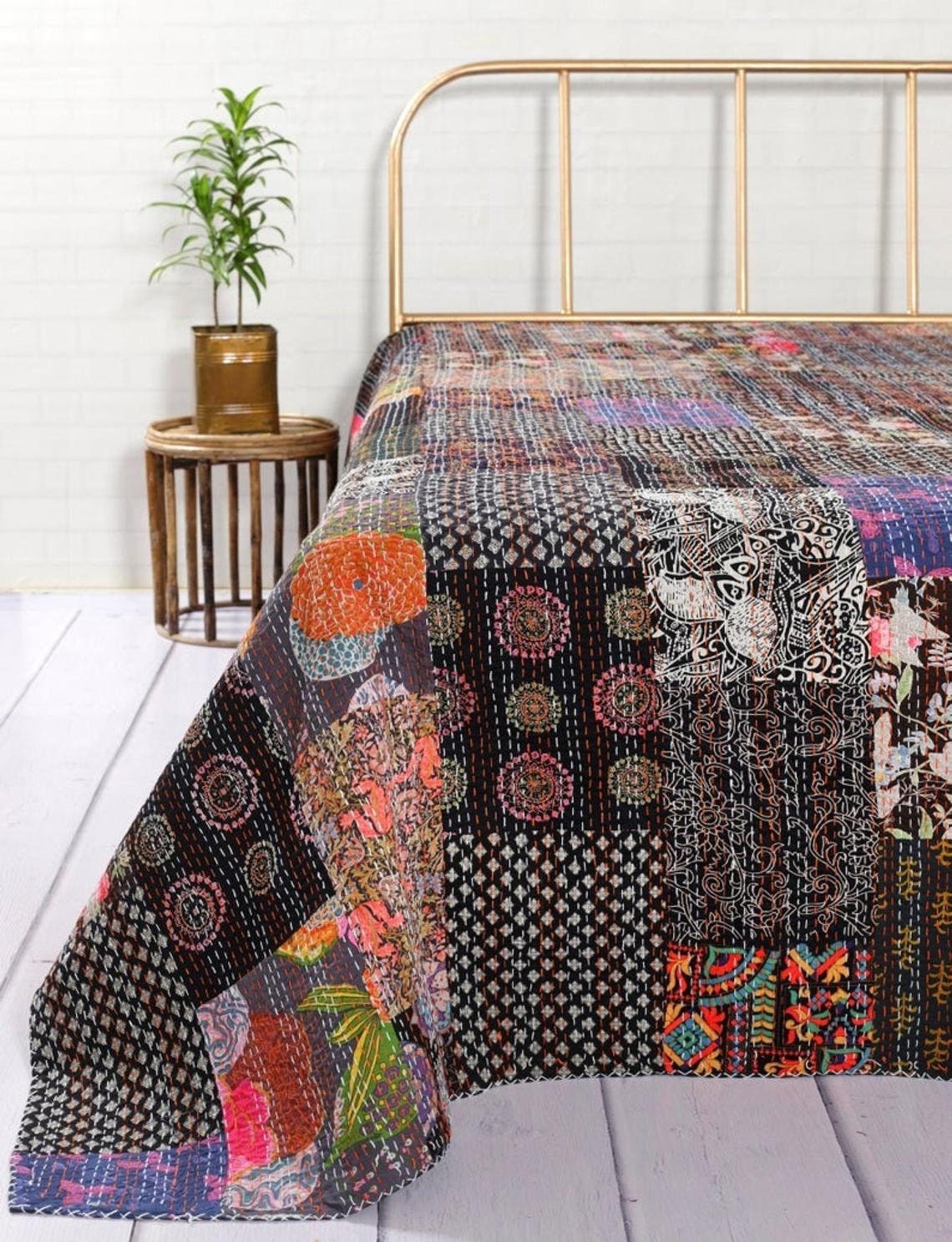Black Patchwork Quilt Bohemian Kantha Quilt King Size Bedding Etsy