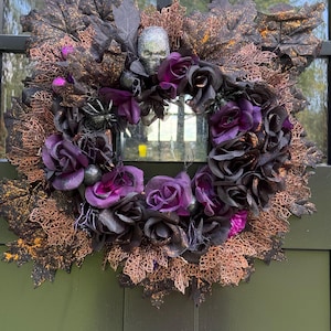 Gothic Halloween Black Purple Floral Wreath - Skull and Spider Decor - Spooky Front Door Wreaths
