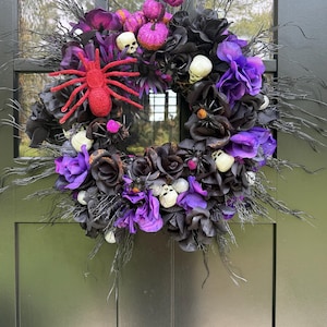 Gothic Halloween Wreath: Purple Black Flowers, Skulls & Red Spider