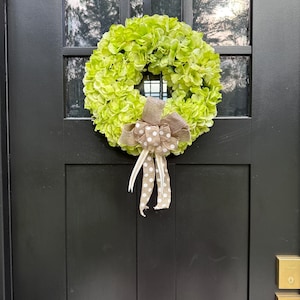 Green Hydrangea Wreath - Farmhouse Door Decor - All Seasons Front Door Wreaths - Burlap Handmade Bow