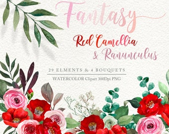 watercolor flowers clipart, red camellia png, boho elements, boho png, floral bouqets, watercolor floral clipart, floral wreath, floral png