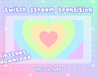 Puede incluir: Una animación de transición de corazón arcoíris pastel para transmisiones de Twitch. La animación presenta un corazón rosa dentro de un corazón amarillo dentro de un corazón verde dentro de un corazón azul. La animación se coloca sobre un fondo de cuadrícula rosa y azul claro. El texto "twitch stream transition" está en la parte superior de la imagen y el texto "instant download" está en la parte inferior izquierda. El texto "1920 x 1080" está en la parte inferior central.