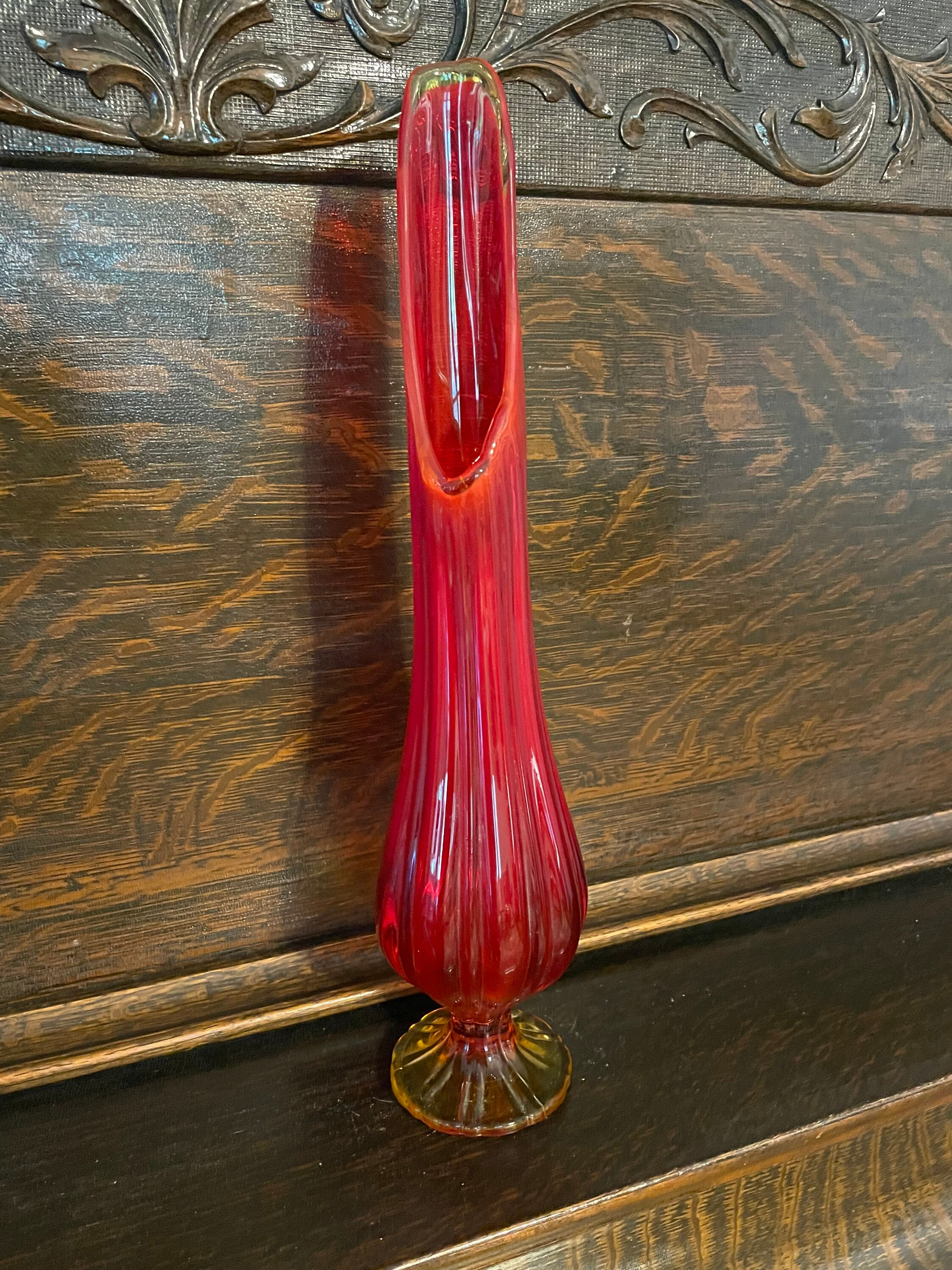 L.E. Smith Glass swung flame red ribbed Alberina footed vase Etsy