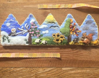 Hand-felted personalized 3D birthday crown made of wool felt, seasons, birthday gift, baby birthday, Waldorf, party crown, baby photo