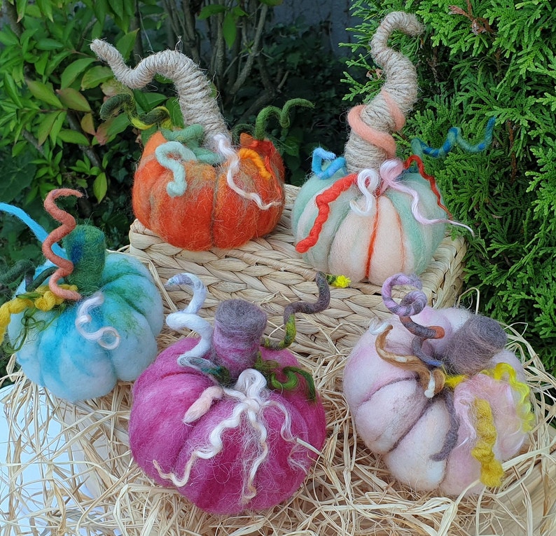 May include: Five felt pumpkins in various colours, including blue, pink, orange, and green. Each pumpkin has a unique, whimsical stem made of felt.