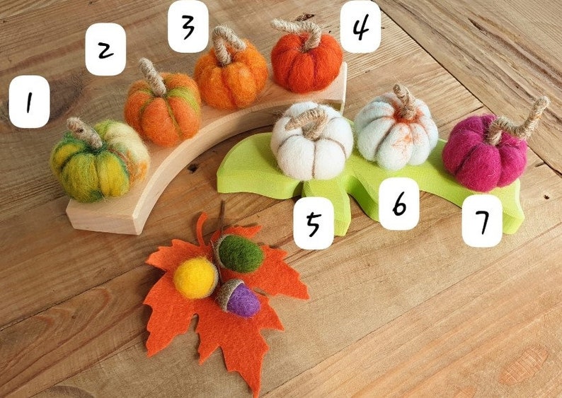 May include: Nine felt pumpkins in various colours, including green, orange, white, and pink, are arranged on a wooden base and a green leaf. Three felt acorns are on a red felt leaf.