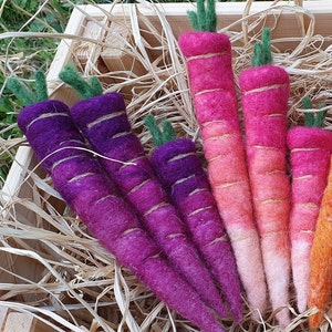 May include: A set of hand-felted carrots in a variety of colors, including purple, pink, and orange. The carrots are arranged in a wooden crate filled with straw.
