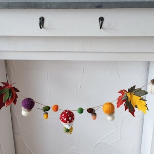 May include: A felt garland with autumnal themes, featuring pumpkins, leaves, acorns, mushrooms, and a red and white mushroom with a white stem. The garland is strung on a white background.
