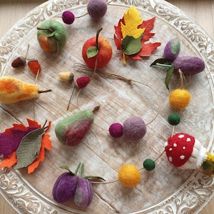May include: A felt garland with an autumn theme. It features felt leaves, fruit, and other shapes in various colours, including red, orange, yellow, green, purple, and brown.