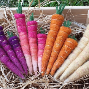 May include: A collection of hand-felted carrots in various colours, including purple, pink, orange, and cream. The carrots are arranged in a wooden crate with straw.