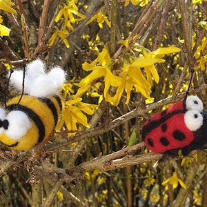 Needle felted ladybug, bee, lucky charm, birthday pin, snowdrop, birthday present, spring figures, garden decoration