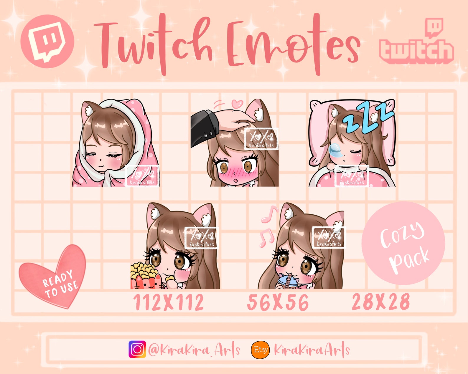 Twitch Emotes Chibi Girl Emotes Cozy Pack Brown Hair Cat | Etsy