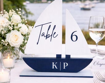 Hand-Painted Sailboat Table Numbers, Coastal Wedding Decor, Beach Lake Centerpieces