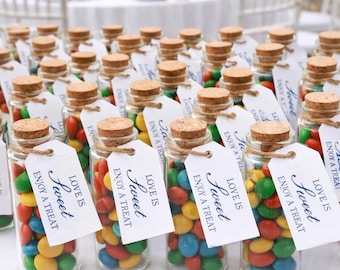 Mini Glass Bottle Wedding Favors, Bulk Guest Gifts, Personalized Tags (Pack of 10)