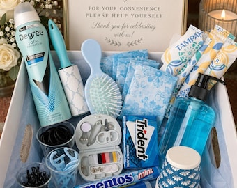 Wedding Bathroom Basket | Blue Restroom Essentials Kit, Bridal Reception Tray